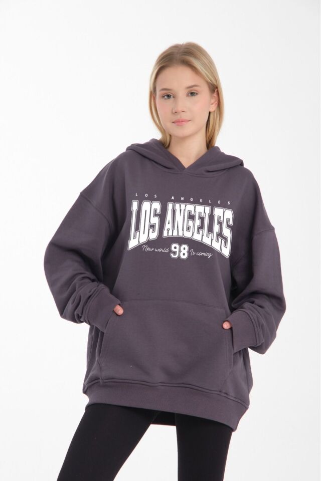 kapüşonlu oversize 3 iplik kumaş cepli füme - S/M