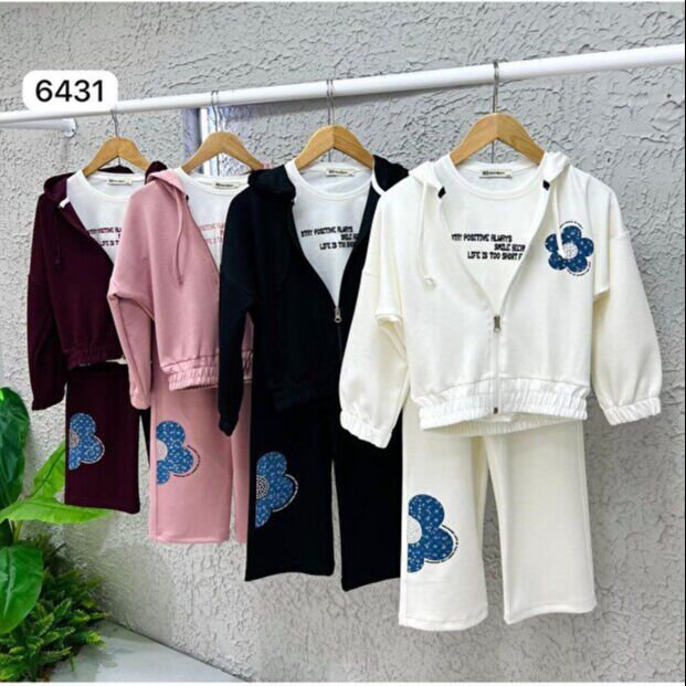 3'lü Fermuarlı Kapşonlu Alt-kız Çocuk Eşofman Çiçekli İç Badili Kız Çocuk Takım Okul İçin Uygun