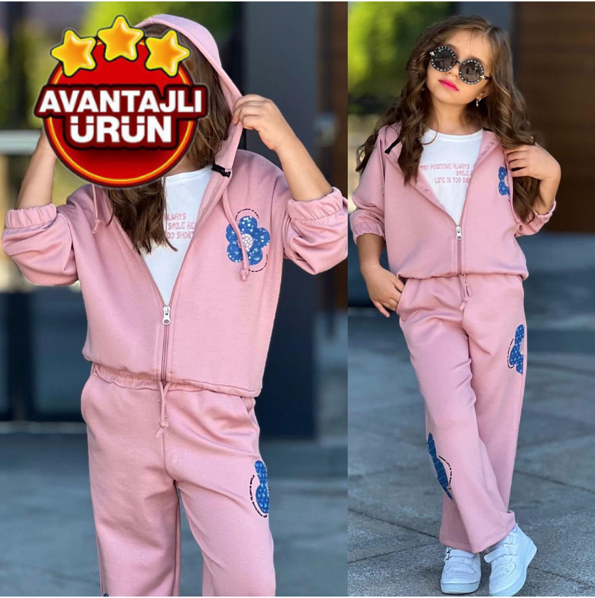 3'lü Fermuarlı Kapşonlu Alt-kız Çocuk Eşofman Çiçekli İç Badili Kız Çocuk Takım Okul İçin Uygun