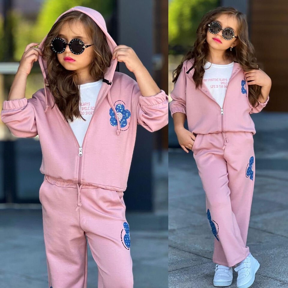 3'lü Fermuarlı Kapşonlu Alt-kız Çocuk Eşofman Çiçekli İç Badili Kız Çocuk Takım Okul İçin Uygun