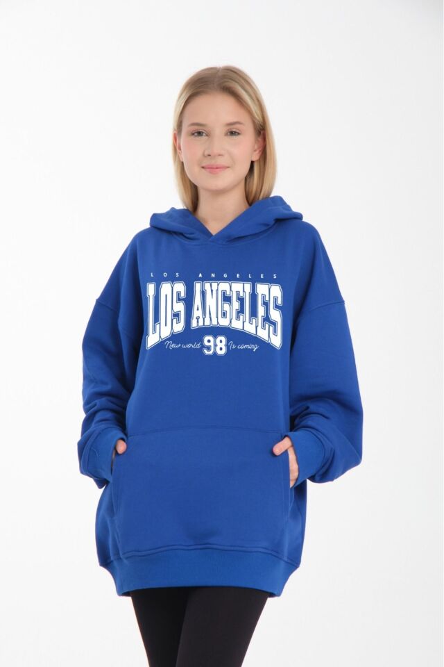 kapüşonlu oversize 3 iplik kumaş cepli Mavi - S/M