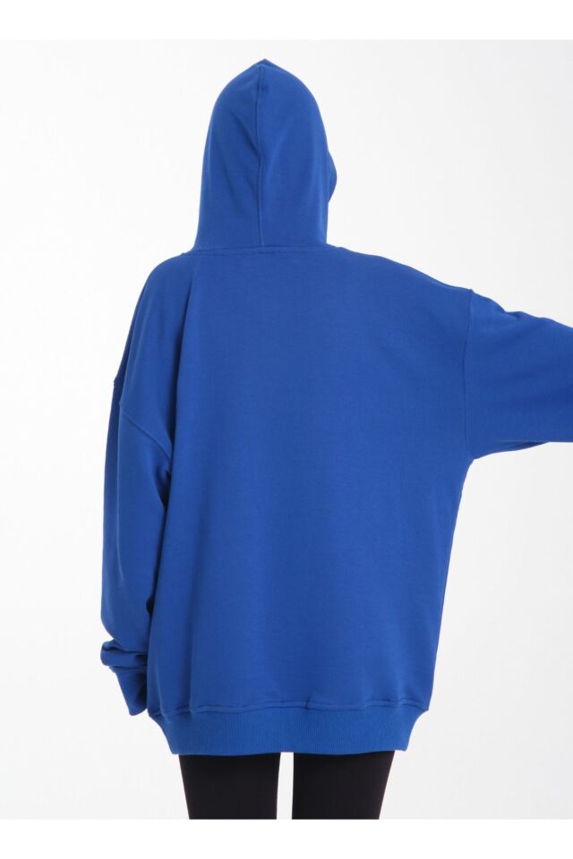 kapüşonlu oversize 3 iplik kumaş cepli Mavi - S/M