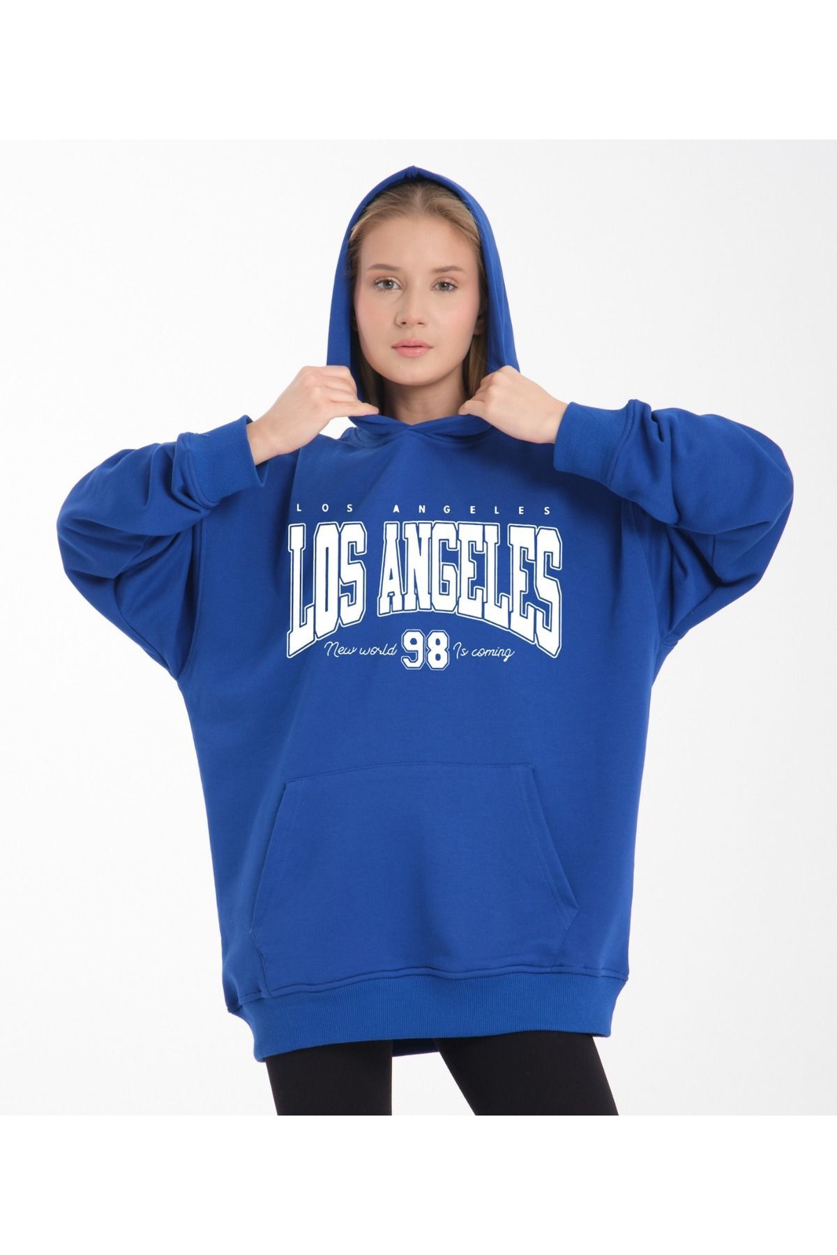 kapüşonlu oversize 3 iplik kumaş cepli Mavi - S/M