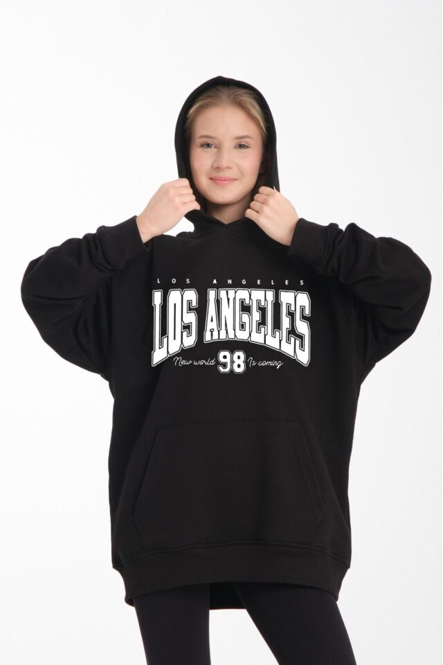 kapüşonlu oversize 3 iplik kumaş cepli Siyah - S/M