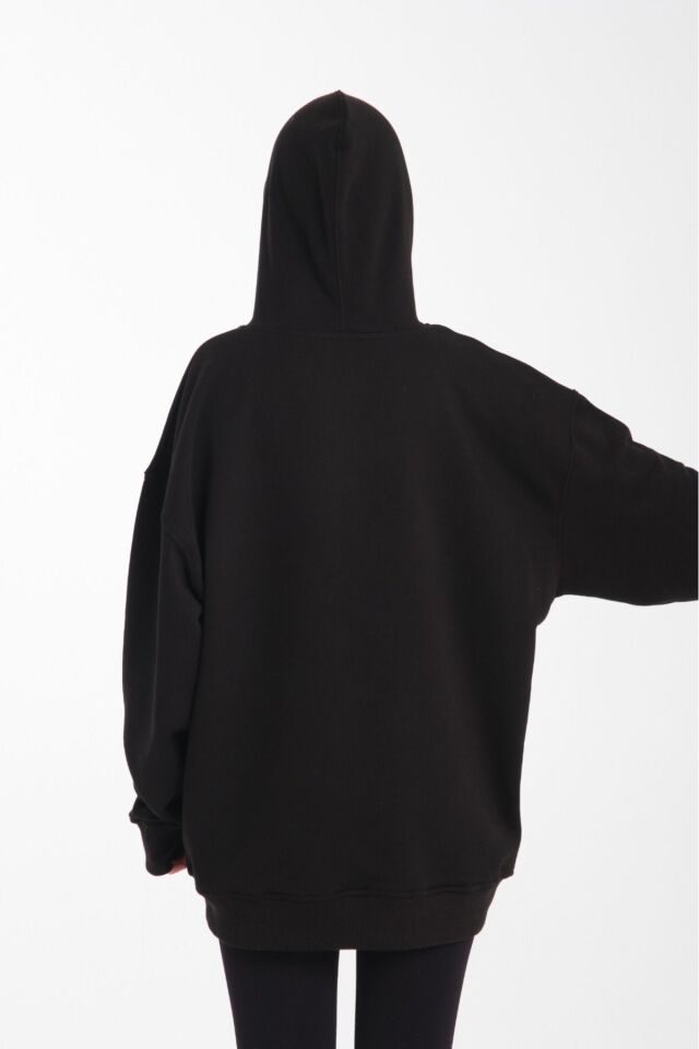 kapüşonlu oversize 3 iplik kumaş cepli Siyah - S/M