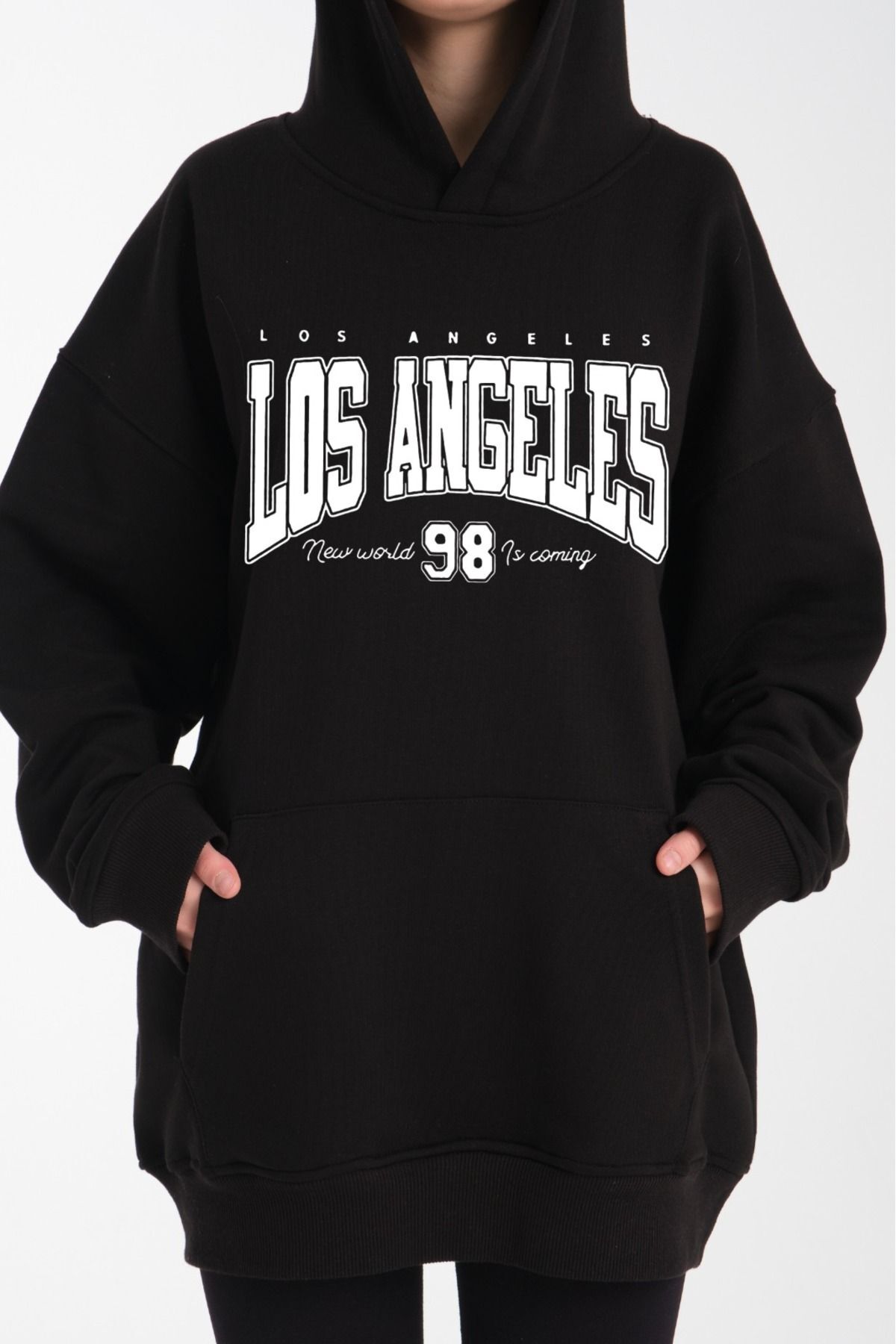 kapüşonlu oversize 3 iplik kumaş cepli Siyah - S/M