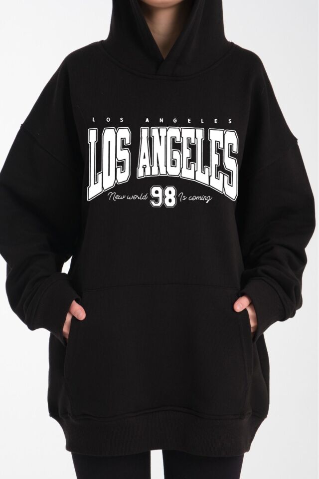 kapüşonlu oversize 3 iplik kumaş cepli Siyah - S/M