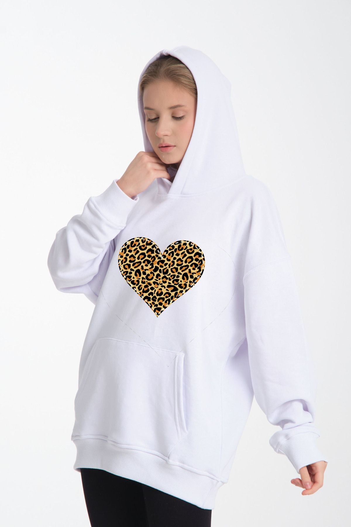 leopar kalp li desen oversiz bol kalıp büyük beden kalıp Beyaz - M/L