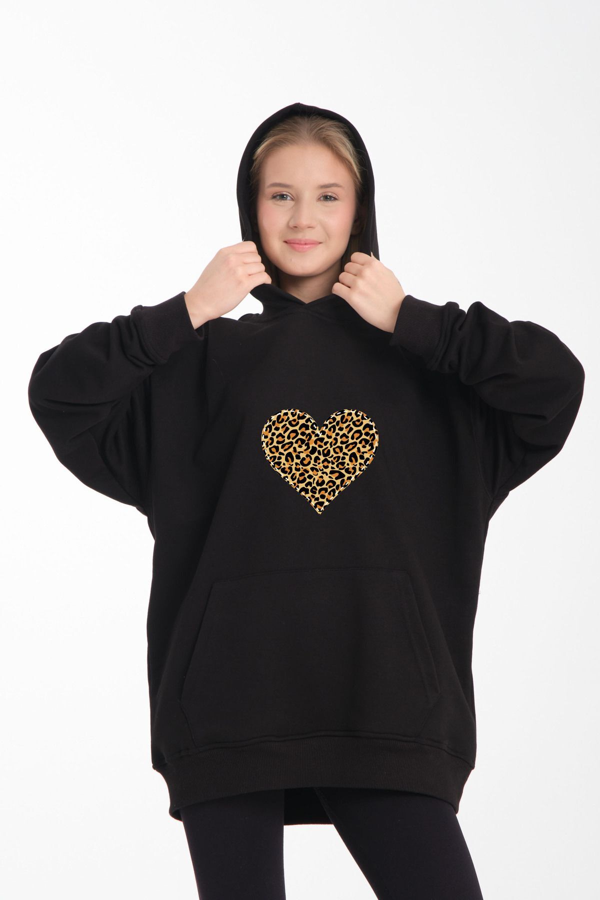 leopar kalp li desen oversiz bol kalıp büyük beden kalıp Siyah - XS/S