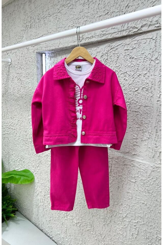 kız çocuk takım nakis detaylı 3 lü takım kombin  spor şık  gabardin fuşya - 5-6 Yaş