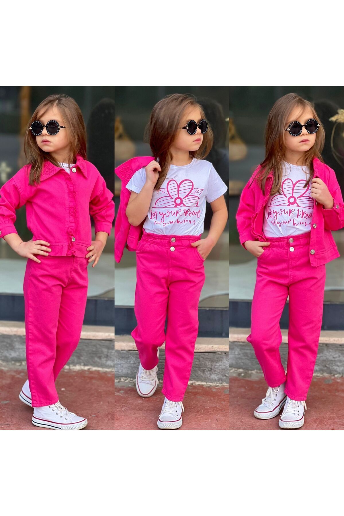 kız çocuk takım nakis detaylı 3 lü takım kombin  spor şık  gabardin fuşya - 5-6 Yaş