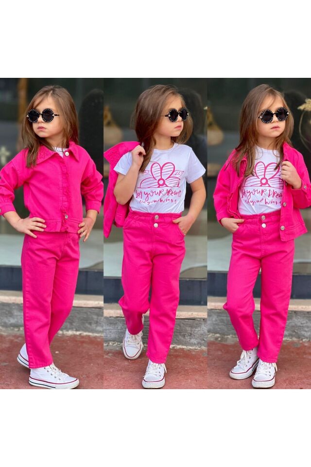 kız çocuk takım nakis detaylı 3 lü takım kombin  spor şık  gabardin fuşya - 5-6 Yaş