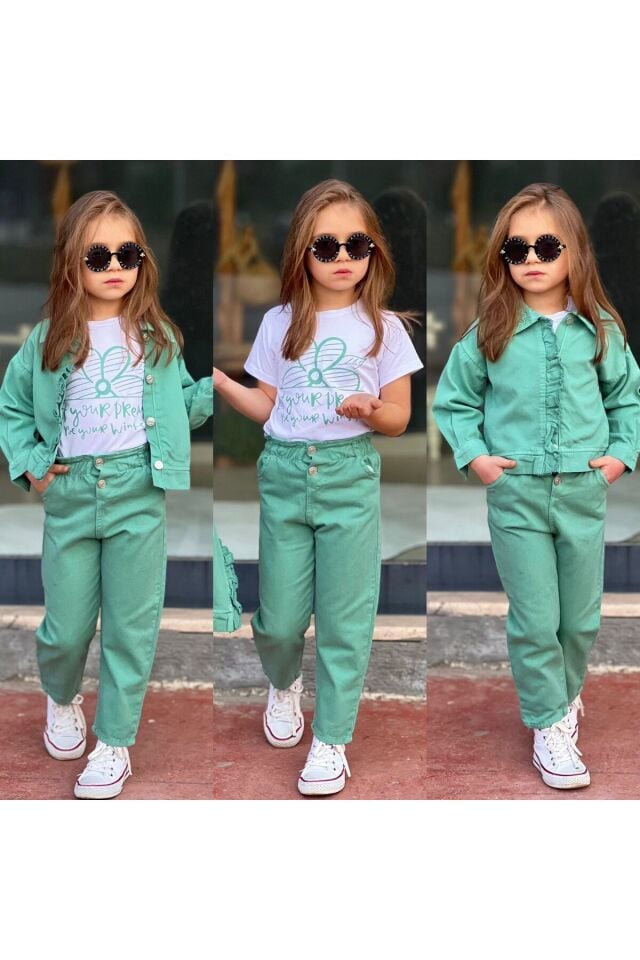 kız çocuk takım nakis detaylı 3 lü takım kombin  spor şık  gabardin Yeşil - 7-8 Yaş