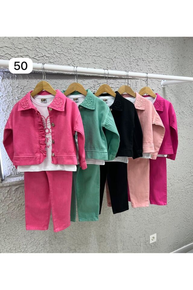 kız çocuk takım nakis detaylı 3 lü takım kombin  spor şık  gabardin Yeşil - 5-6 Yaş