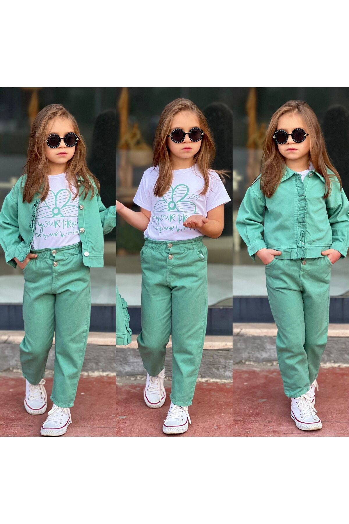 kız çocuk takım nakis detaylı 3 lü takım kombin  spor şık  gabardin Yeşil - 5-6 Yaş