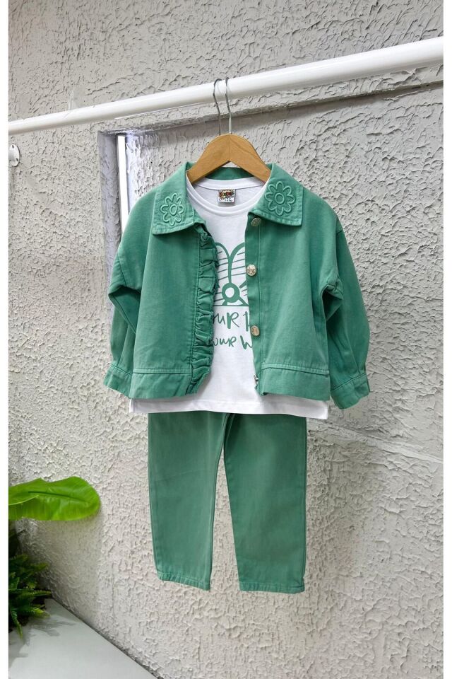 kız çocuk takım nakis detaylı 3 lü takım kombin  spor şık  gabardin Yeşil - 3-4 Yaş
