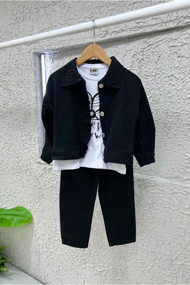 kız çocuk takım nakis detaylı 3 lü takım kombin  spor şık  gabardin Siyah - 5-6 Yaş