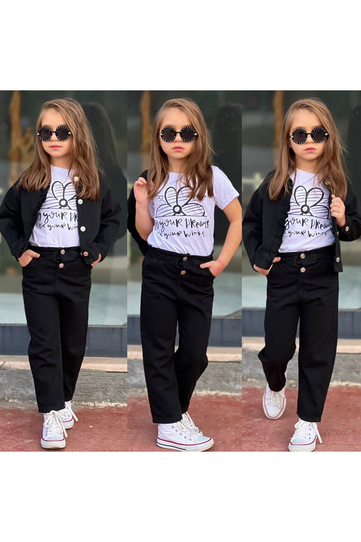 kız çocuk takım nakis detaylı 3 lü takım kombin  spor şık  gabardin Siyah - 4-5 Yaş