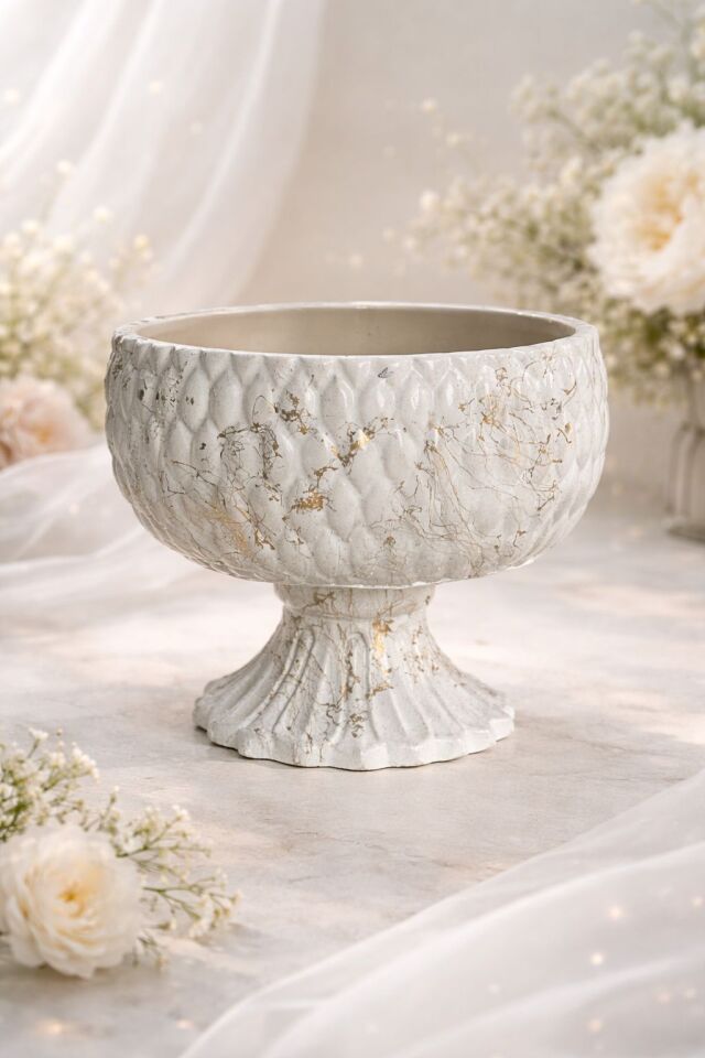 Saksı Ayaklı Dekoratif Salon Saksısı Mermer Desenli Gold Detaylı Büyük Boy Çiçeklik