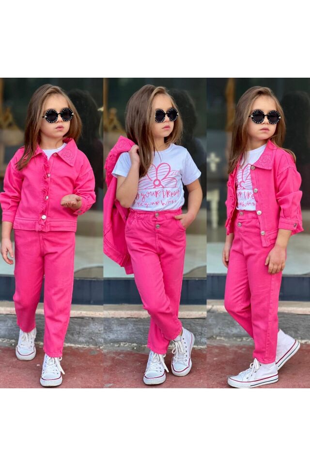 kız çocuk takım nakis detaylı 3 lü takım kombin  spor şık  gabardin Pembe - 9-10 Yaş