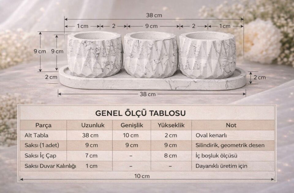 Saksı 3’lü Mermer Desenli Beton Dekoratif Set – Tepsili Modern Tasarım