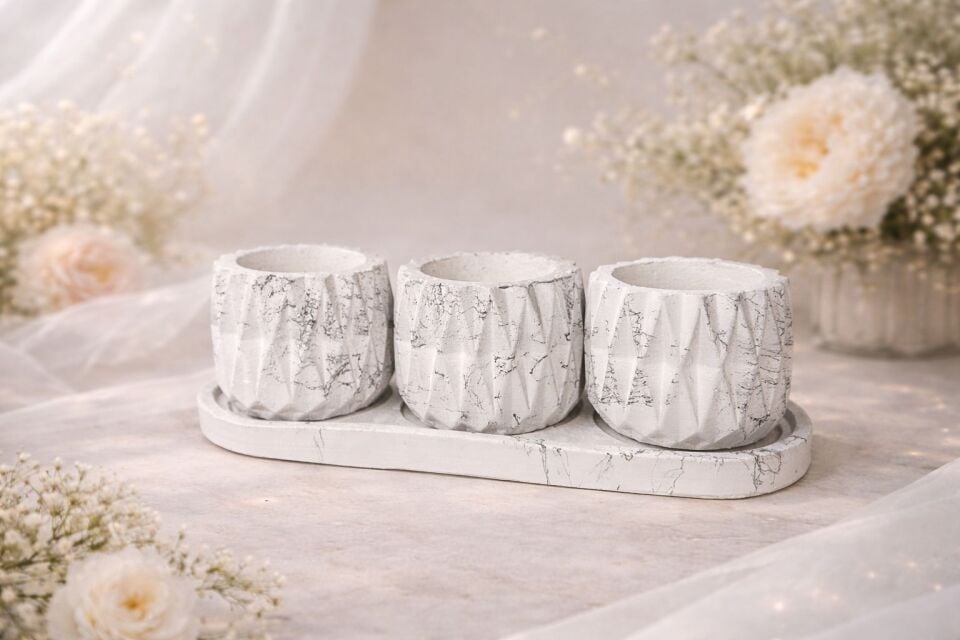 Saksı 3’lü Mermer Desenli Beton Dekoratif Set – Tepsili Modern Tasarım
