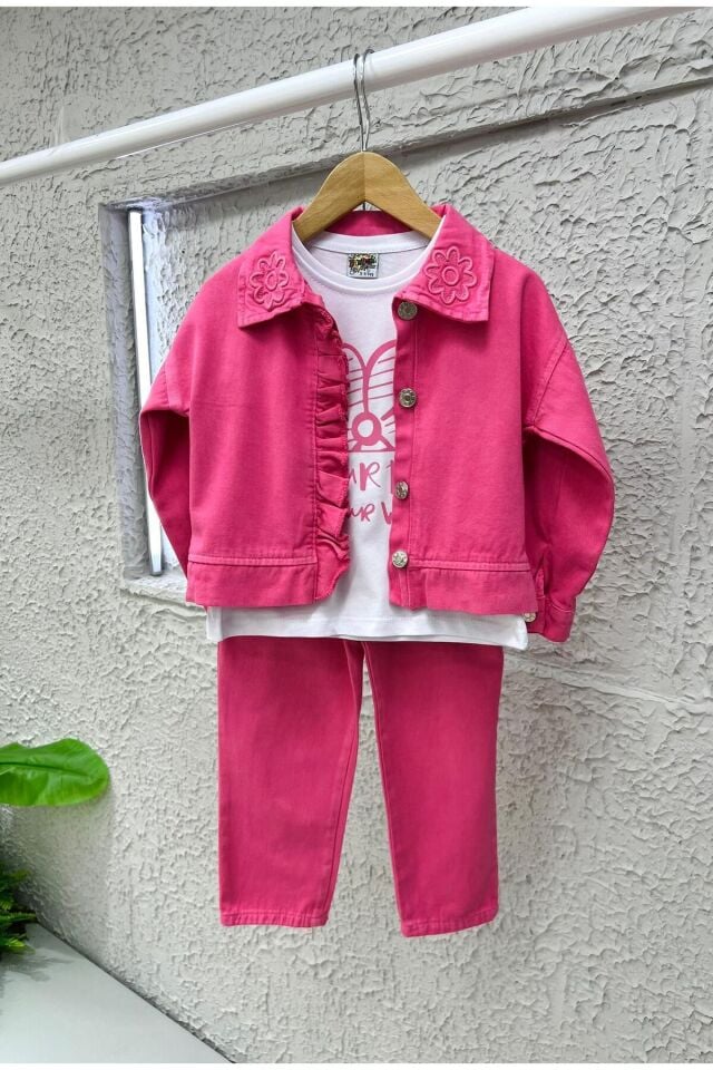 kız çocuk takım nakis detaylı 3 lü takım kombin  spor şık  gabardin Pembe - 4-5 Yaş