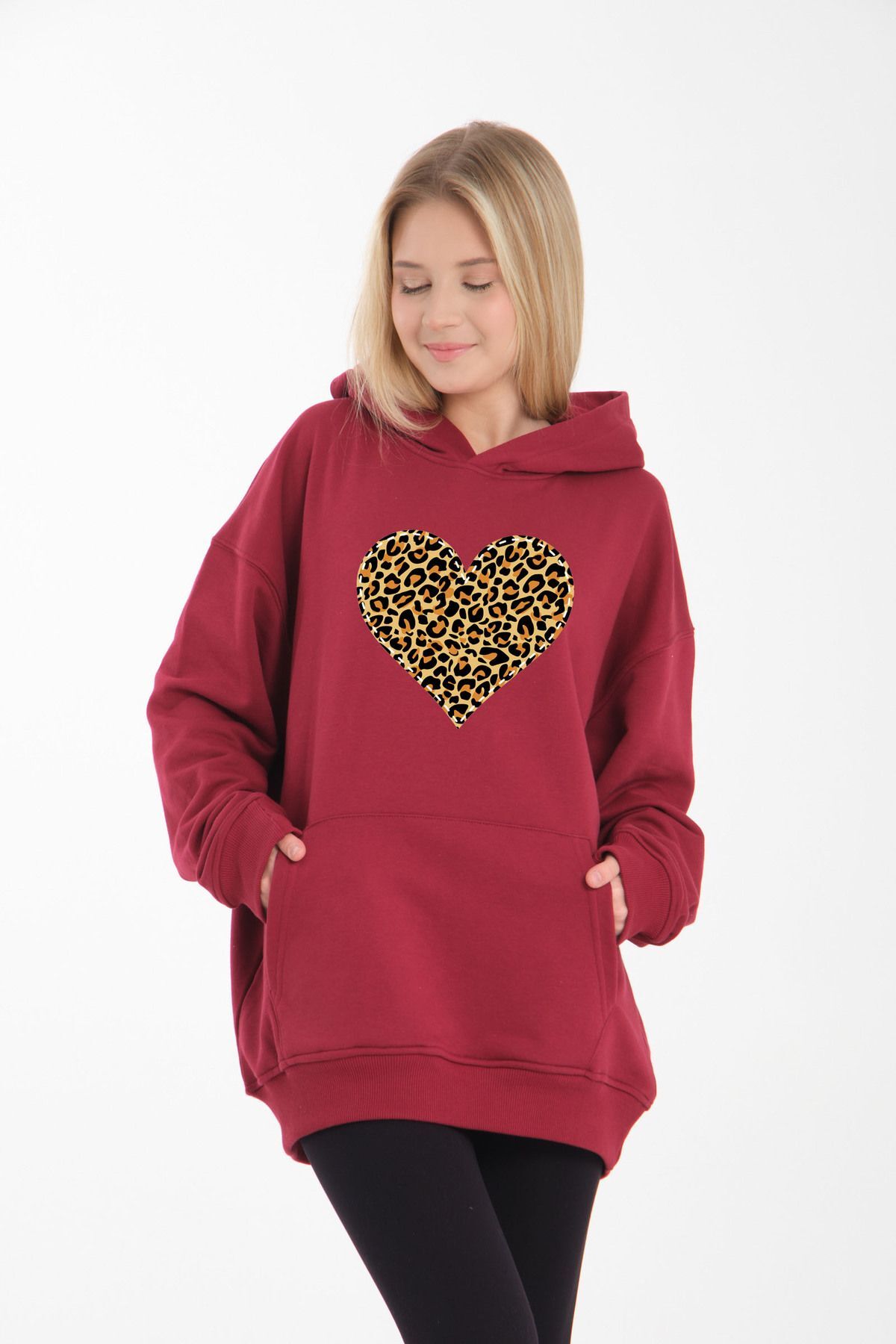 leopar kalp li desen oversiz bol kalıp büyük beden kalıp Kırmızı - M/L