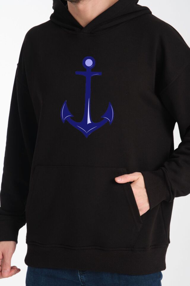 marin çapa desenli oversize ünisex bol kesim pamuk 3 ip kumaş sweatshirt Siyah - XS/S