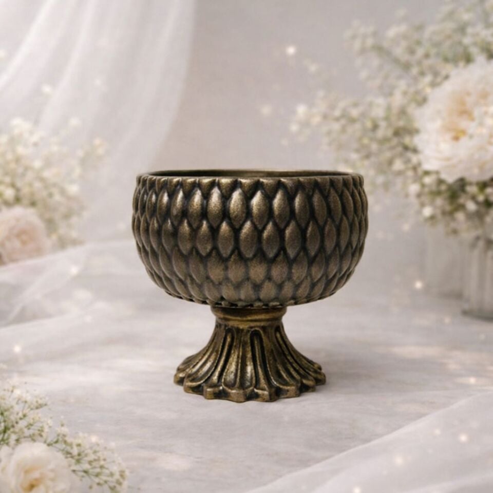 aksı Ayaklı Dekoratif Salon Saksısı Mermer Desenli Gold Detaylı Büyük Boy Çiçeklik Eskıtme