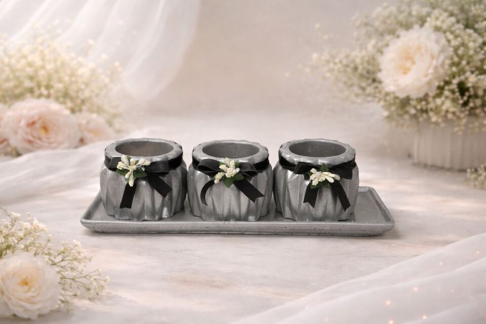 Saksı 3’lü Dekoratif Beton Set – Tepsili Gri Modern Tasarım