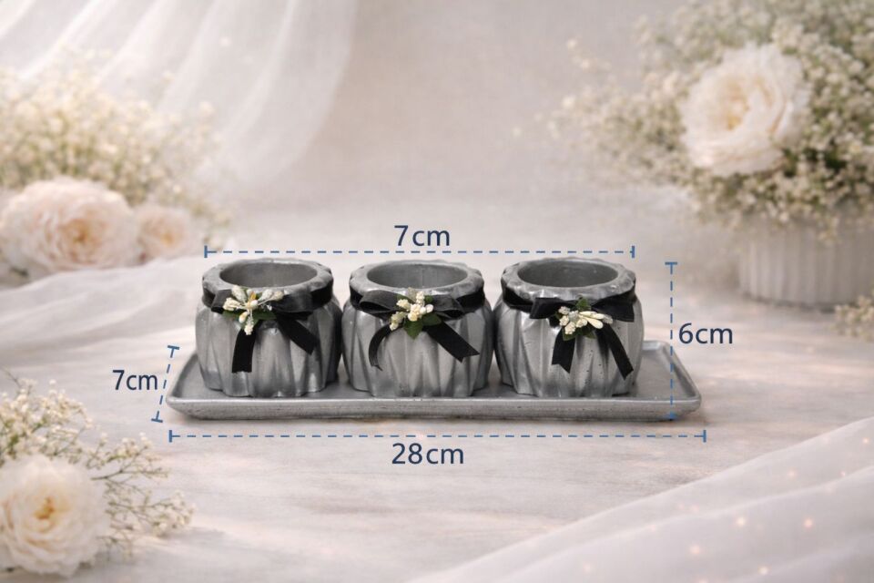 Saksı 3’lü Dekoratif Beton Set – Tepsili Gri Modern Tasarım