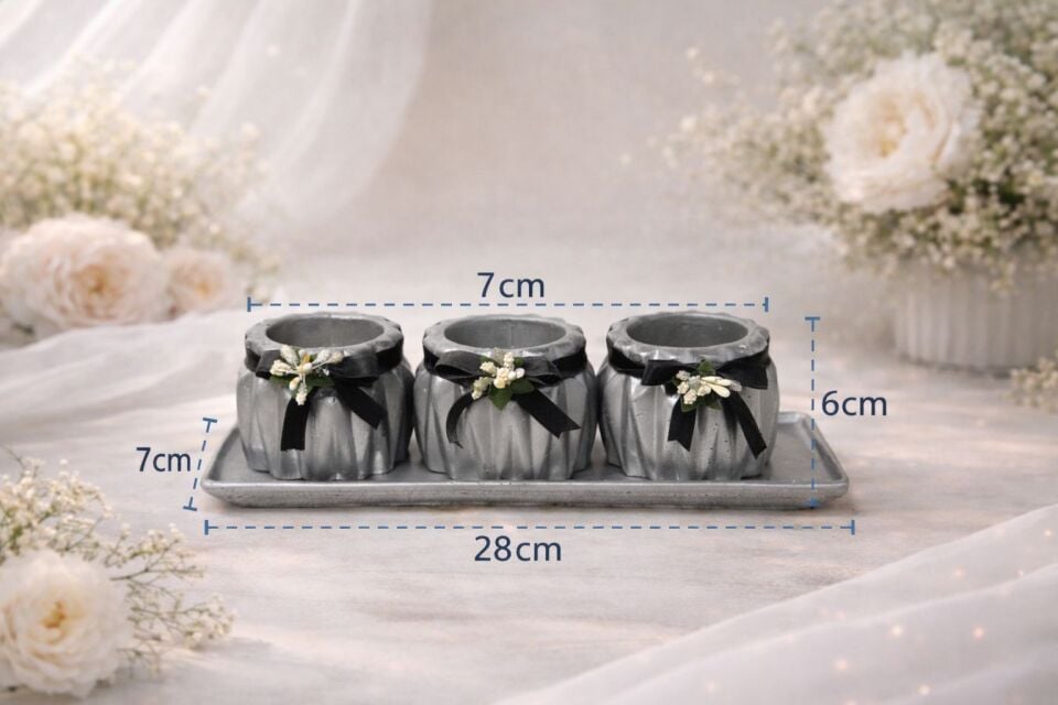 Saksı 3’lü Dekoratif Beton Set – Tepsili Gri Modern Tasarım