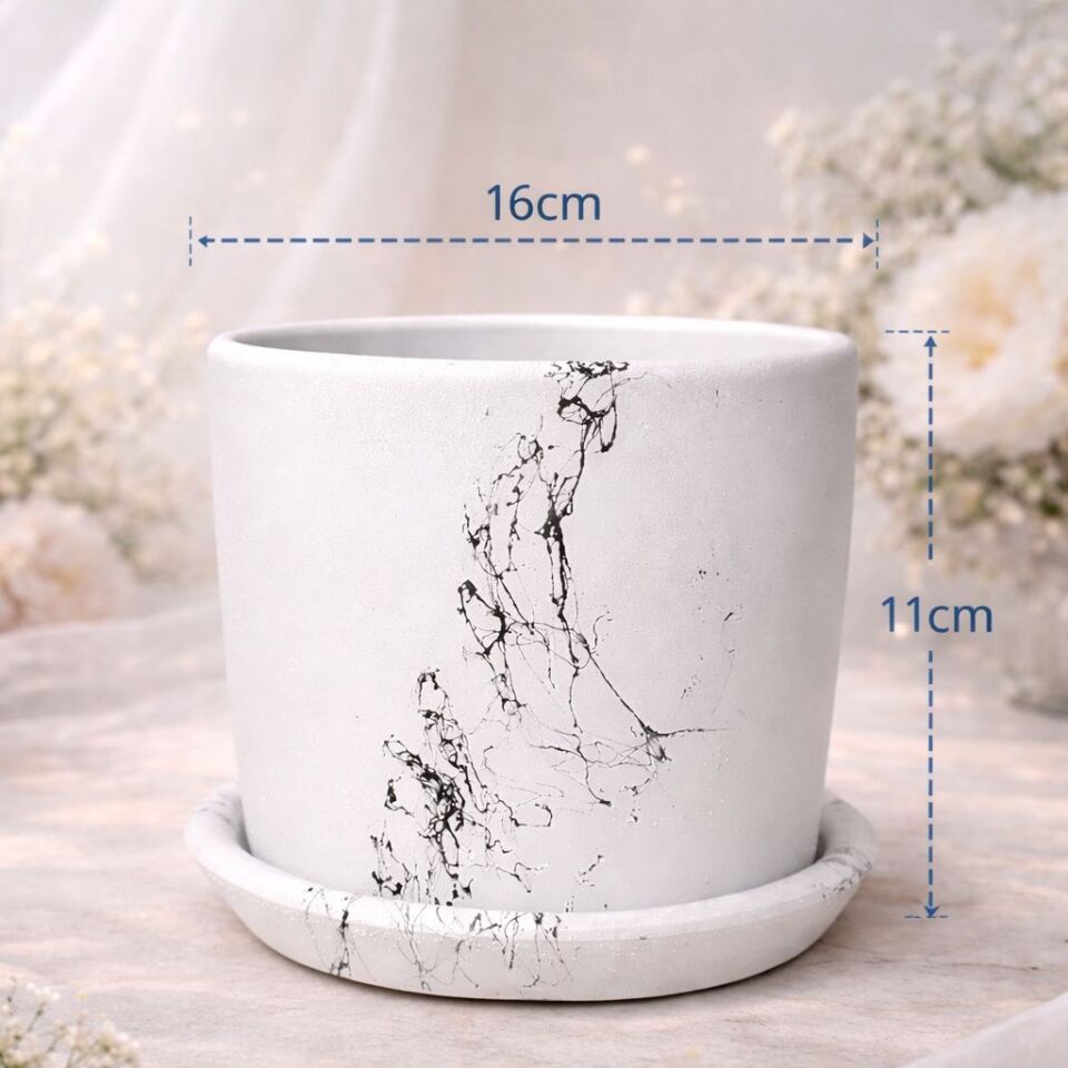 Saksı 16 cm Modern Mermer Desenli Beton Çiçek Saksısı Alt Tabaklı Dekoratif Büyük Model