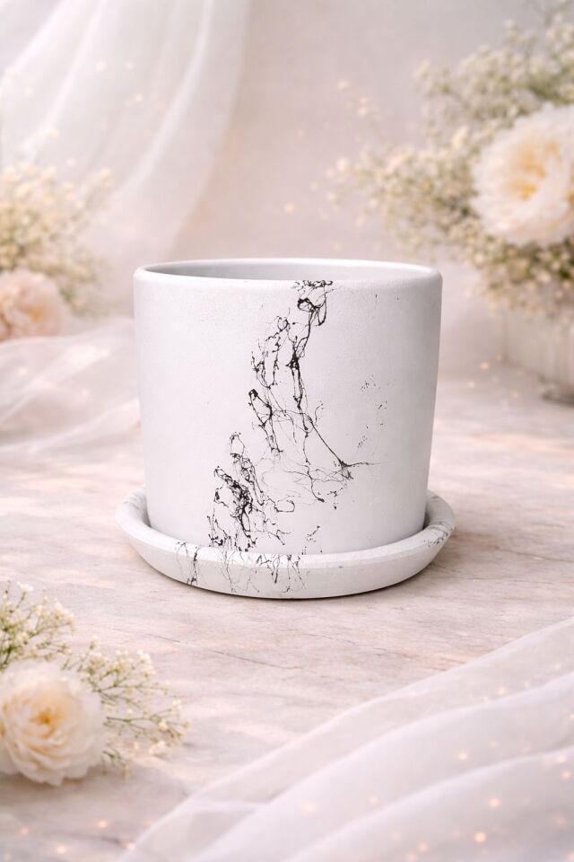 Saksı 16 cm Modern Mermer Desenli Beton Çiçek Saksısı Alt Tabaklı Dekoratif Büyük Model