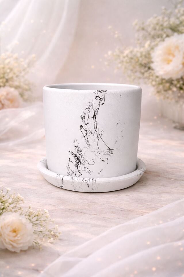 Saksı 16 cm Modern Mermer Desenli Beton Çiçek Saksısı Alt Tabaklı Dekoratif Büyük Model