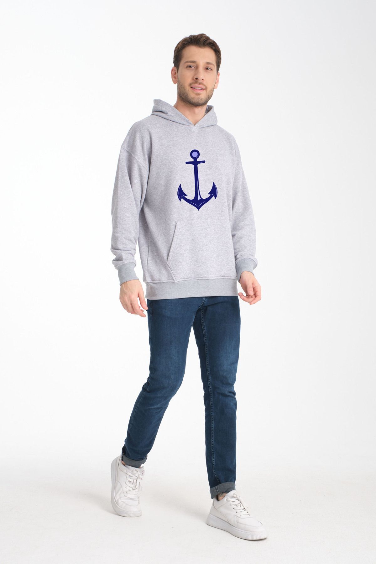 marin çapa desenli oversize ünisex bol kesim pamuk 3 ip kumaş sweatshirt Gri - XS/S