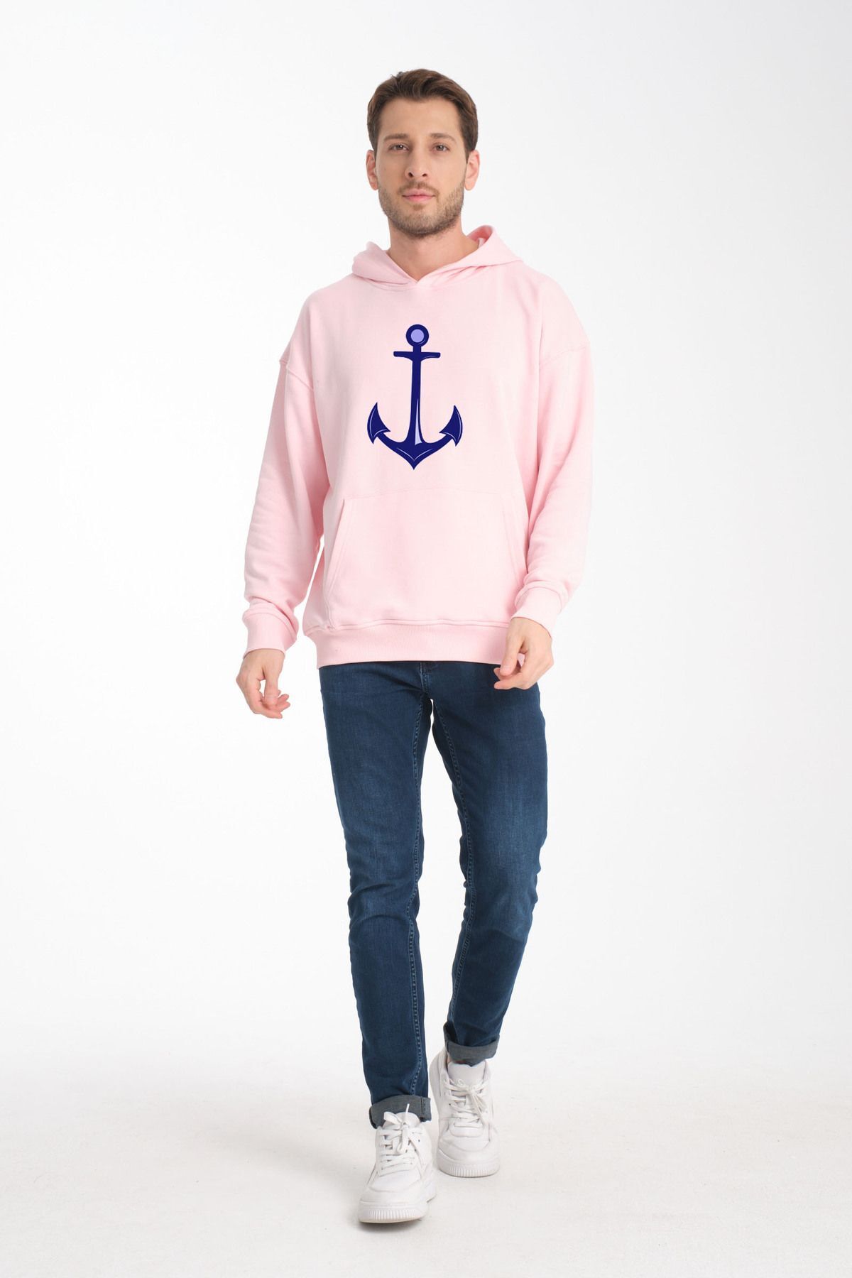marin çapa desenli oversize ünisex bol kesim pamuk 3 ip kumaş sweatshirt Pembe - XS/S