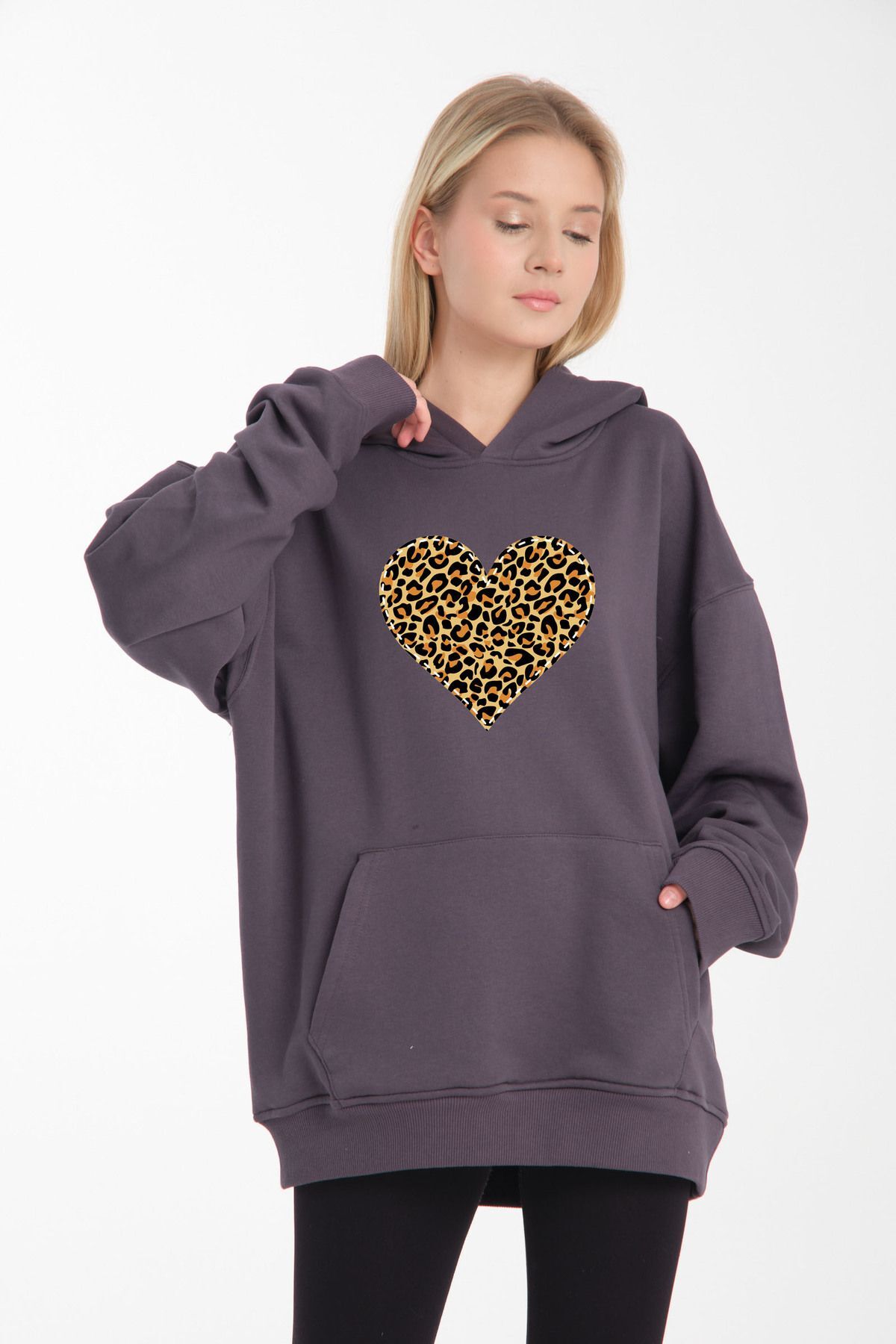 leopar kalp li desen oversiz bol kalıp büyük beden kalıp ANTİRASİT - XL/2XL