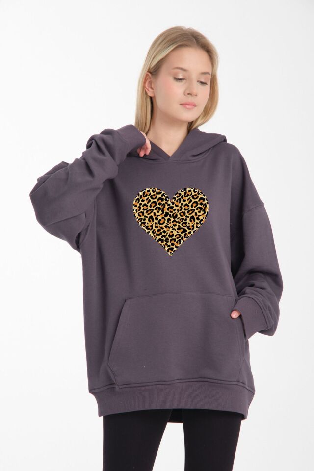 leopar kalp li desen oversiz bol kalıp büyük beden kalıp ANTİRASİT - XL/2XL