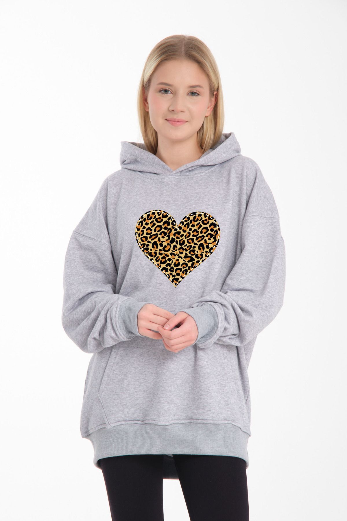 leopar kalp li desen oversiz bol kalıp büyük beden kalıp Gri - XL/2XL