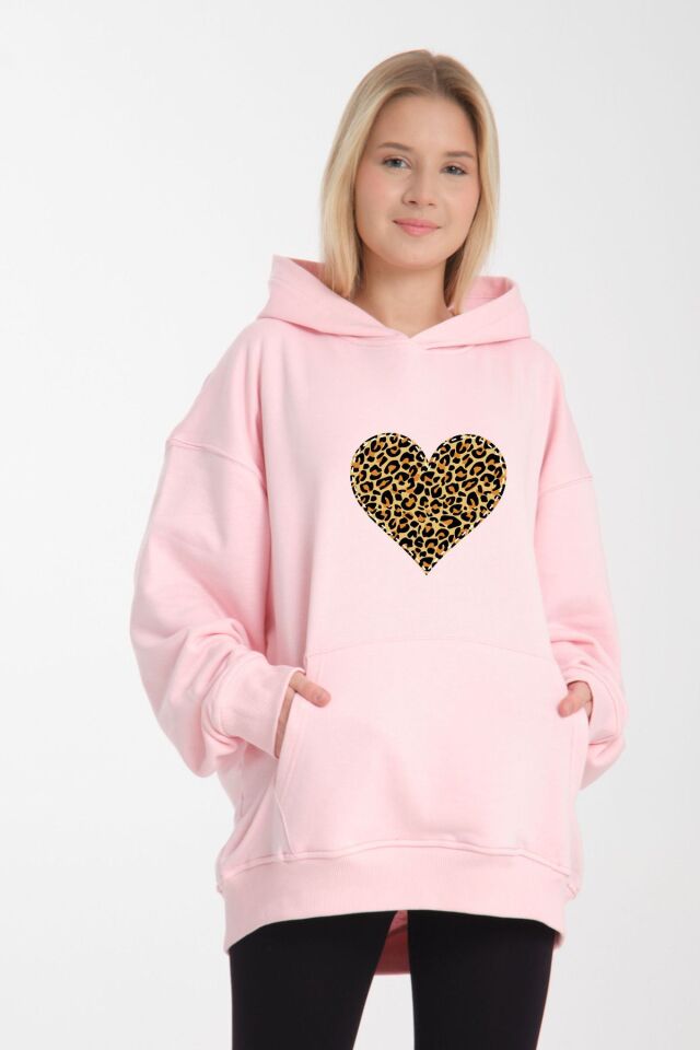 leopar kalp li desen oversiz bol kalıp büyük beden kalıp Pembe - XL/2XL