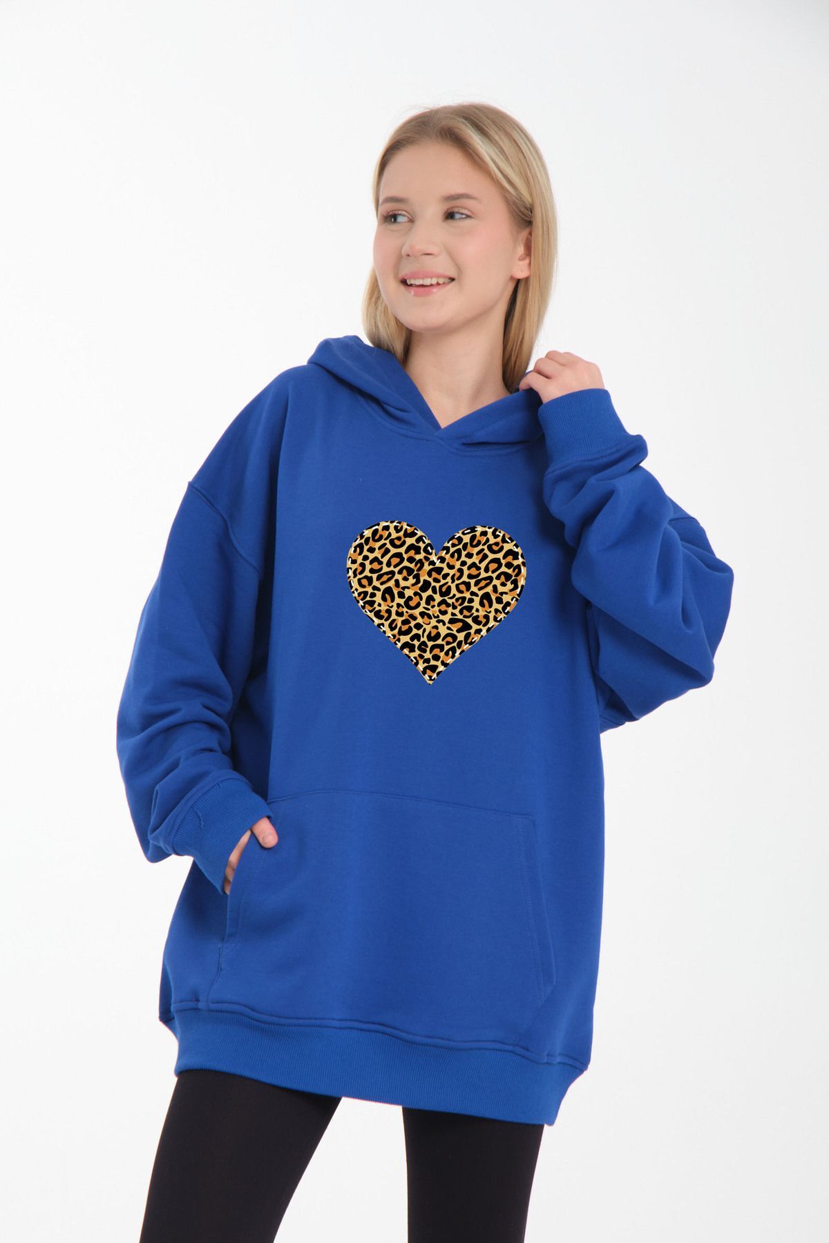 leopar kalp li desen oversiz bol kalıp büyük beden kalıp Mavi - XS/S