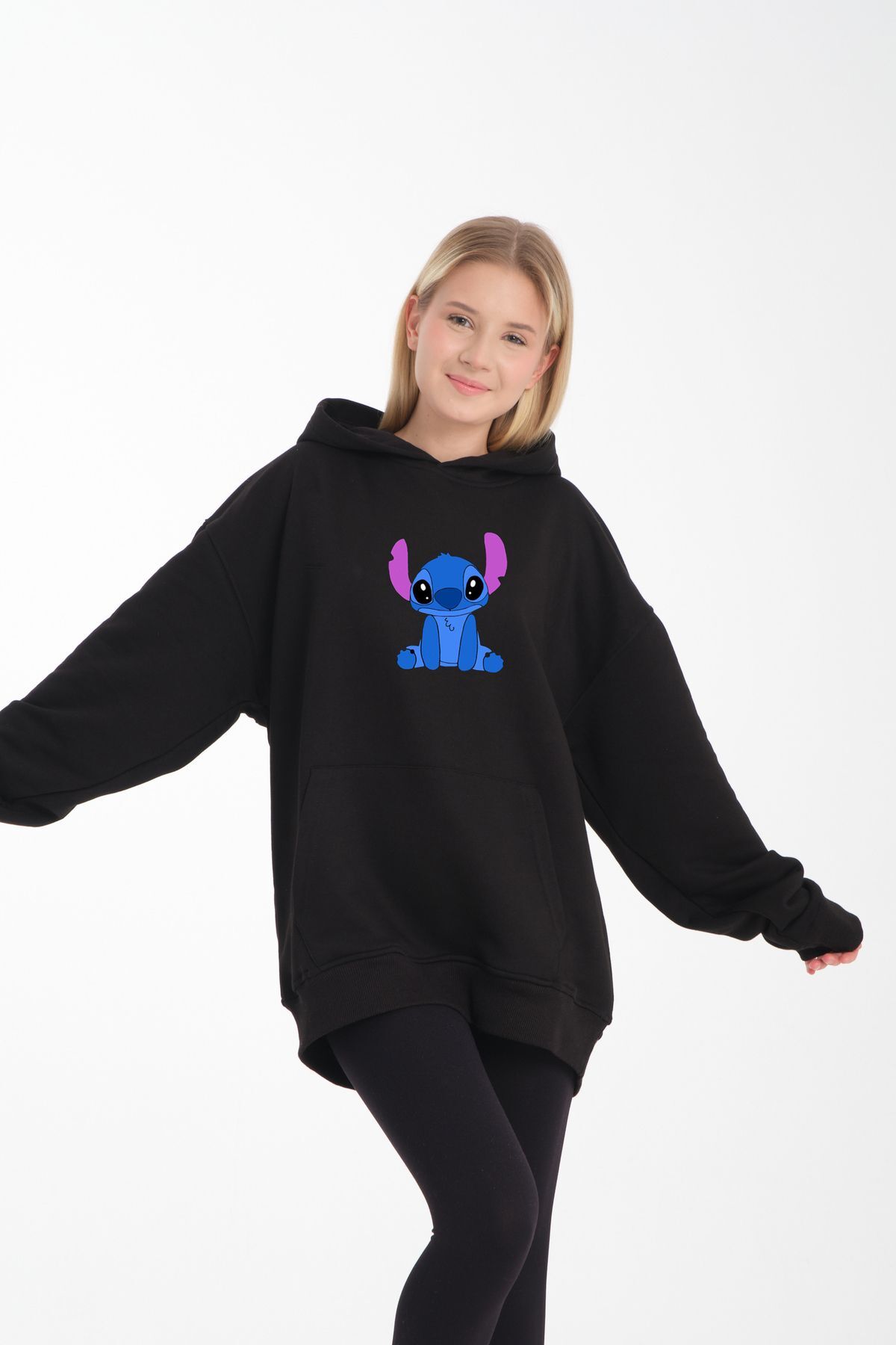 kapüşonlu Stitch oversize siyah beyaz renk bol kalıp Siyah - XL/2XL