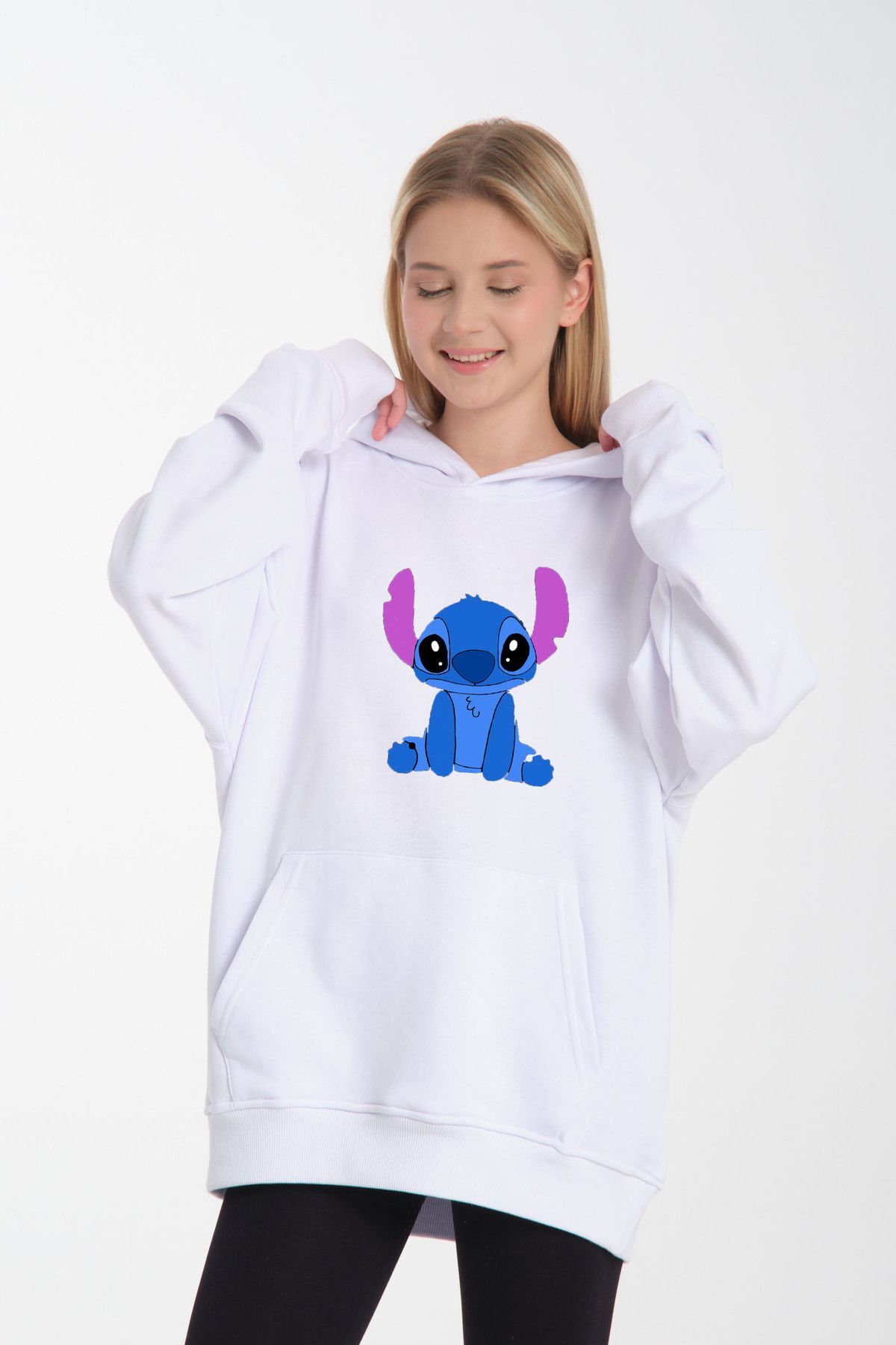 kapüşonlu Stitch oversize siyah beyaz renk bol kalıp Beyaz - XL/2XL