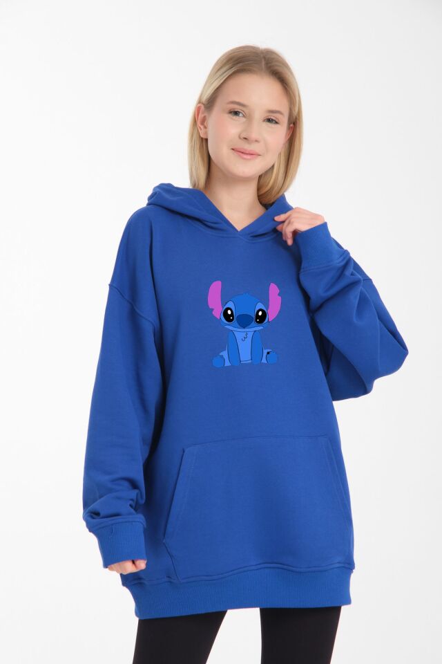 kapüşonlu Stitch oversize siyah beyaz renk bol kalıp Mavi - XS/S