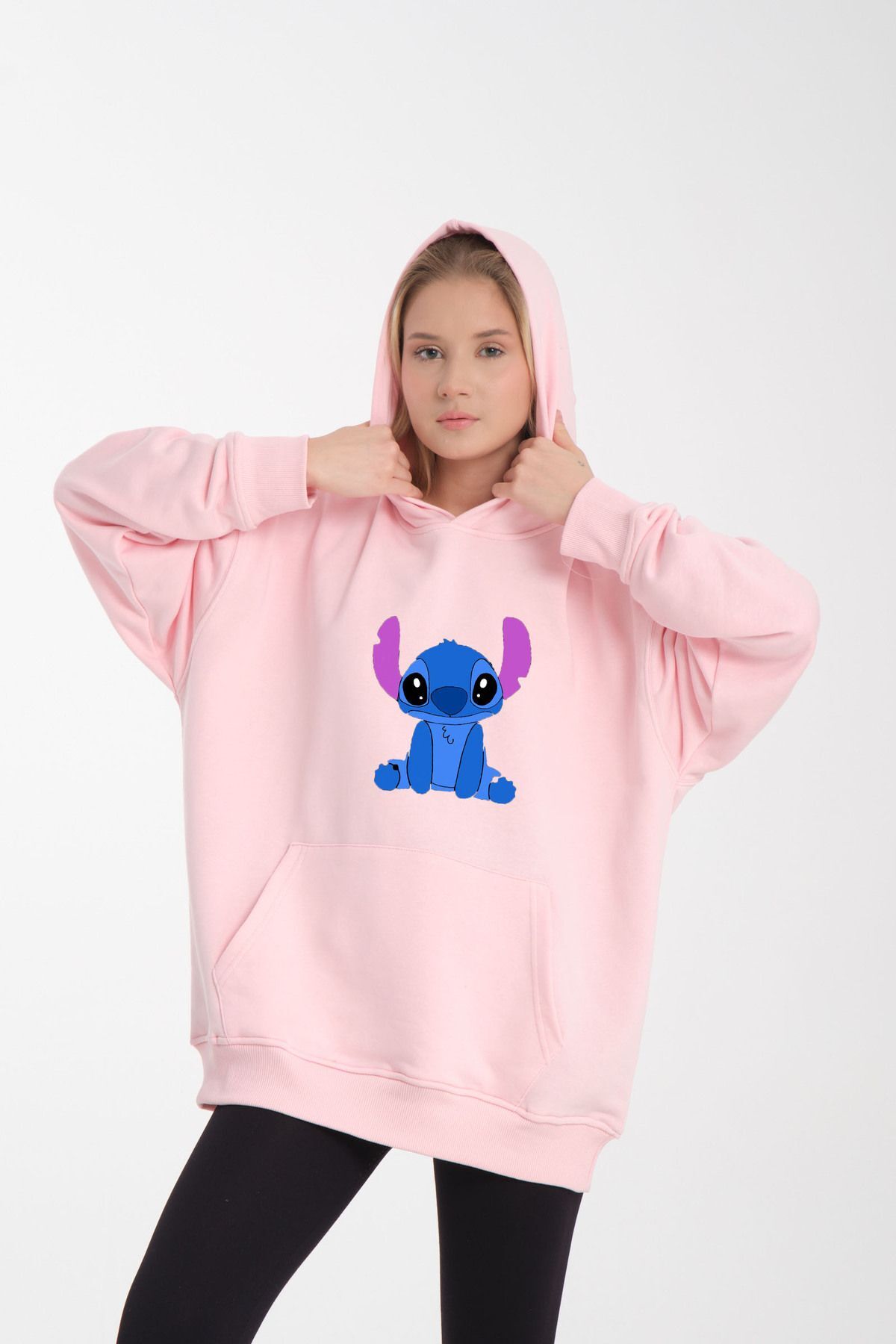 kapüşonlu Stitch oversize siyah beyaz renk bol kalıp Pembe - M/L