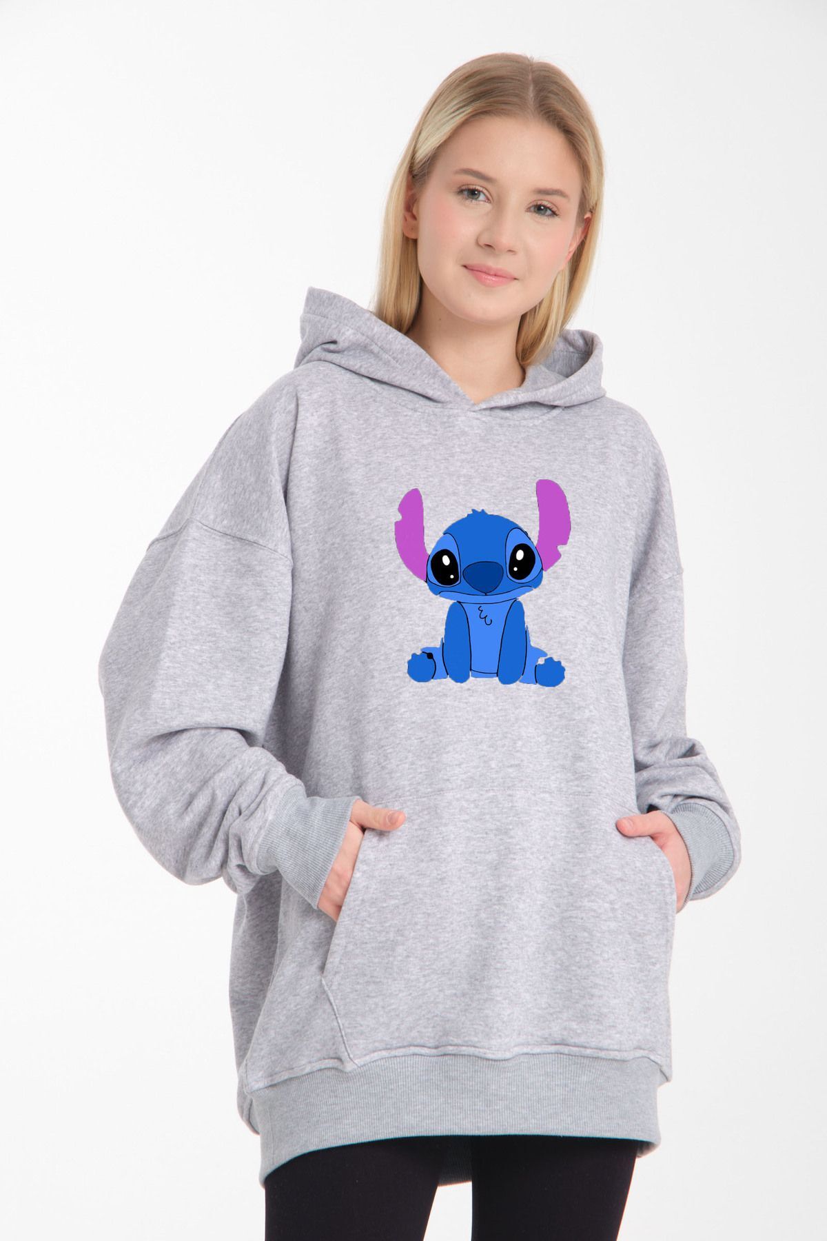 kapüşonlu Stitch oversize siyah beyaz renk bol kalıp Gri - M/L