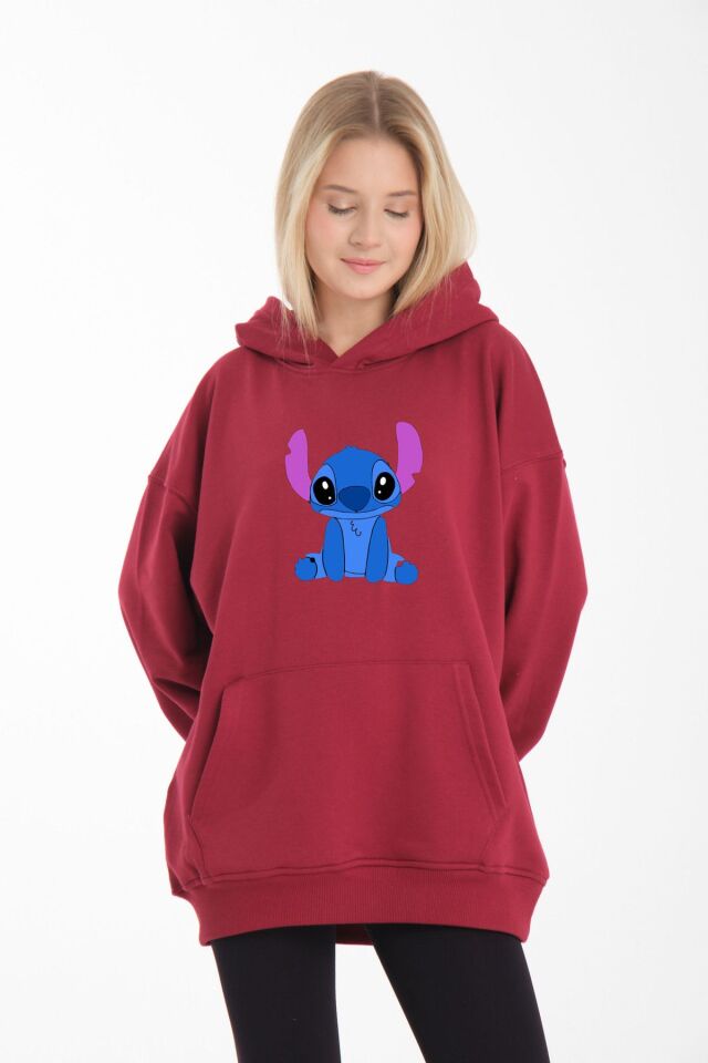 kapüşonlu Stitch oversize siyah beyaz renk bol kalıp Bordo - M/L