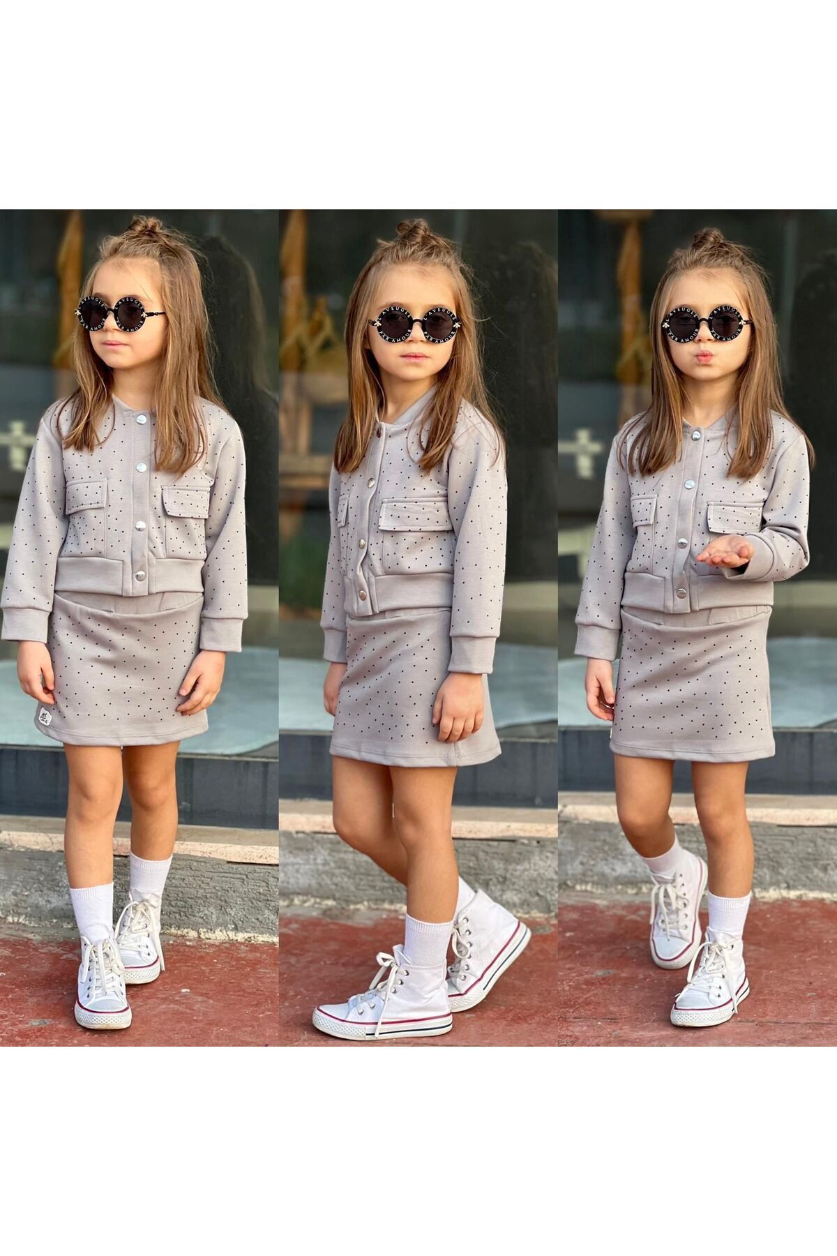 tişort eşofman alt üst 2 li baskısız kız çocuk takım Bej - 4-5 Yaş